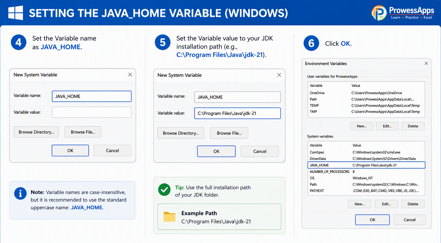 Steps 4 to 6 to set JAVA_HOME in Windows Environment Variables